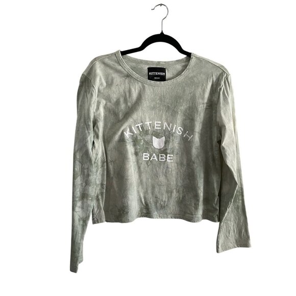 KITTENISH Babe Women M Sage Green Tie Dye Long Sleeve Cropped Graphic Tee - Picture 2 of 11